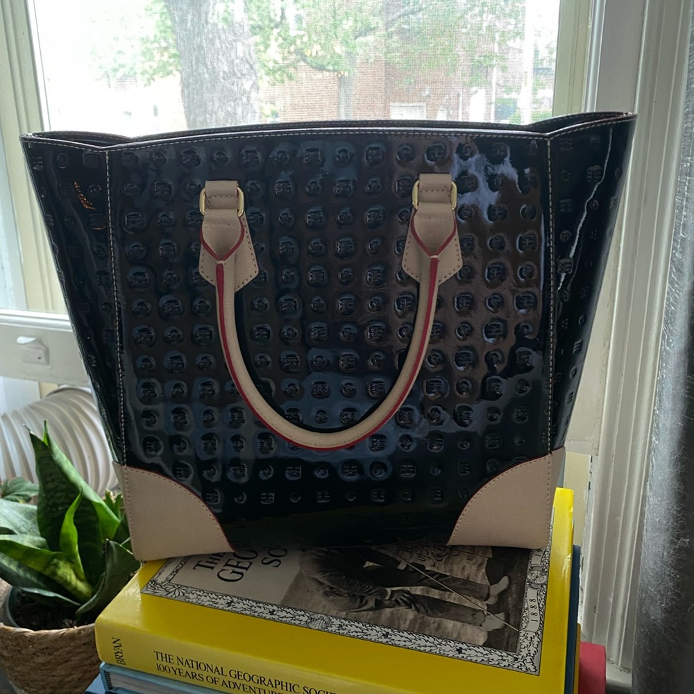 Arcadia Black and Cream Tote Bag with Monogram Pattern